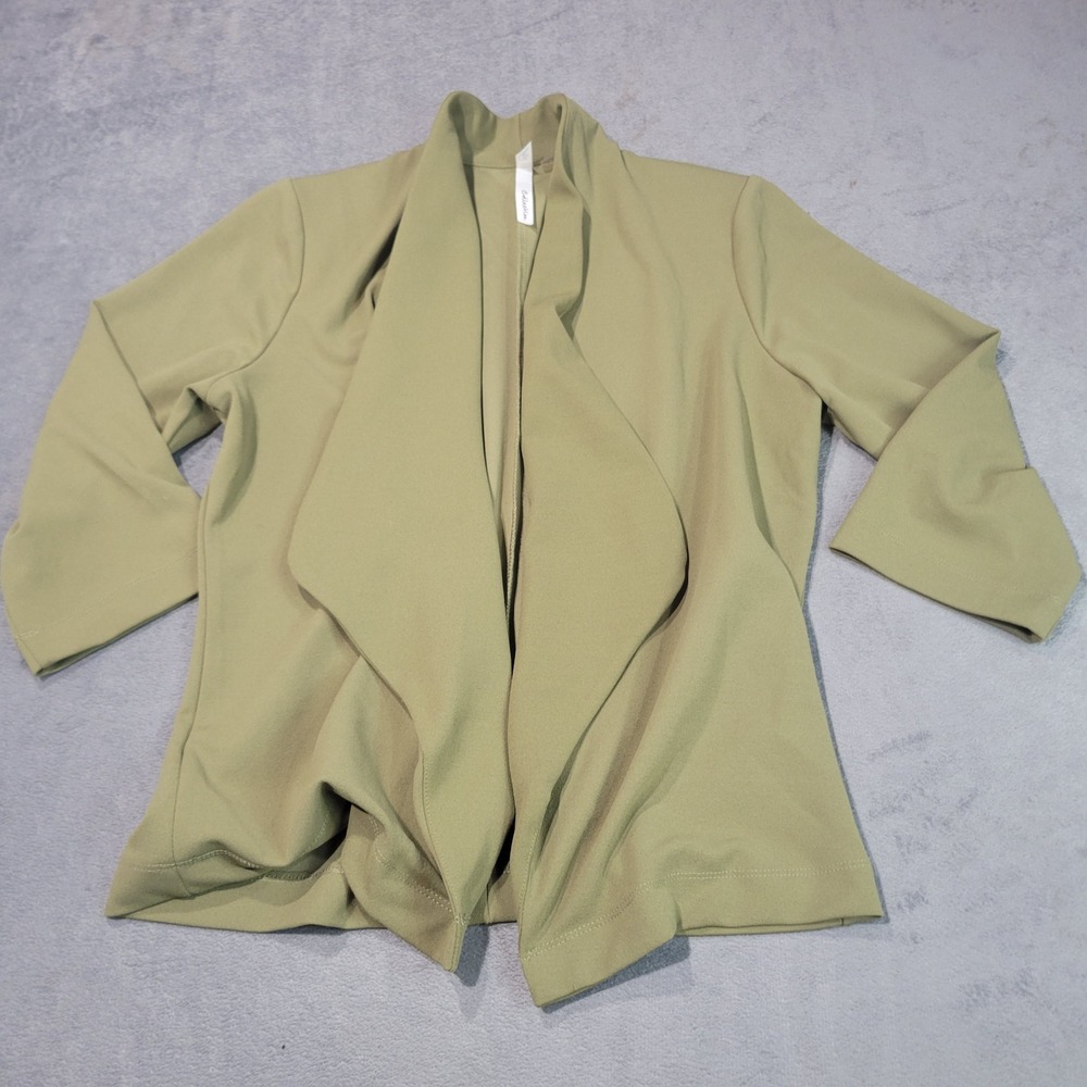 NY Collection Blazer Womens L Olive Green SBJ02 Open Front Draped Waterfall 3/4